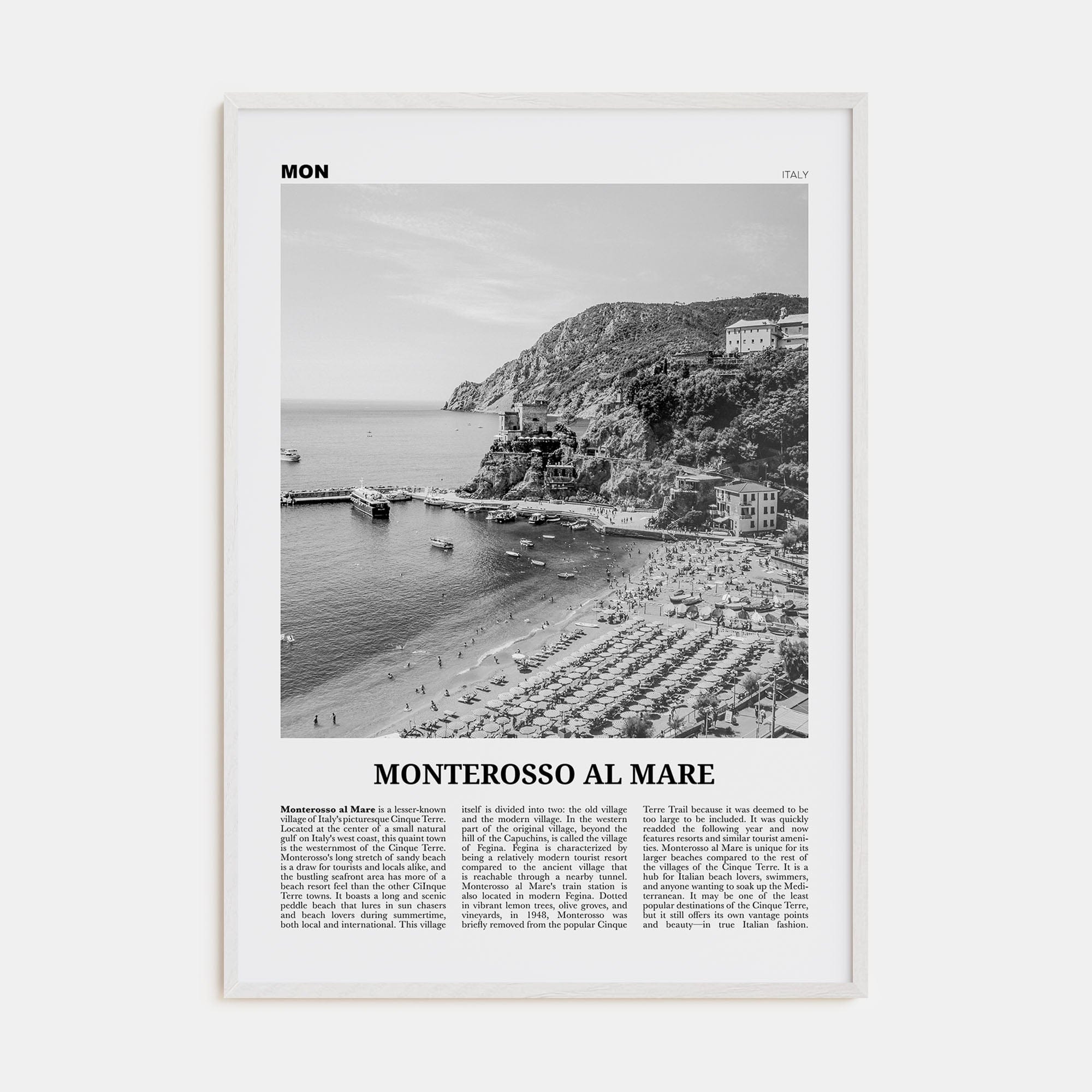 Monterosso al Mare Poster White Wood / 8x12 in Nbourhood Travel B&W Poster