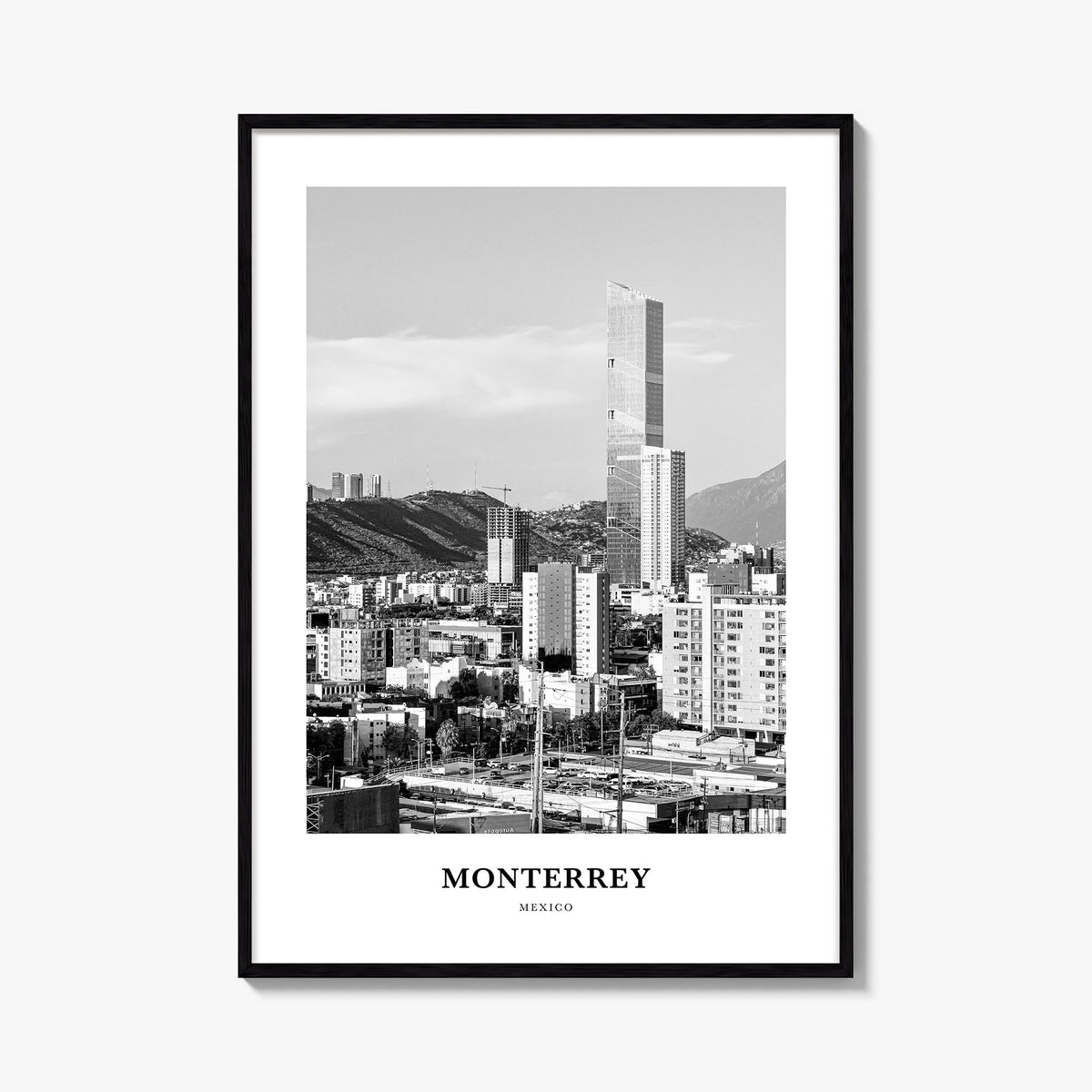 Monterrey black & white classic poster of Mexico – vertical wall art, unframed print shown in interior mockup