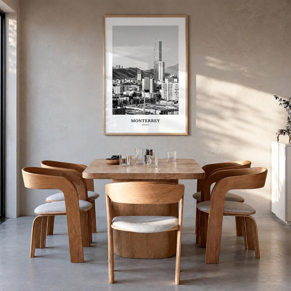 Monterrey black & white classic poster of Mexico – vertical wall art in natural wood frame, hanging on wall