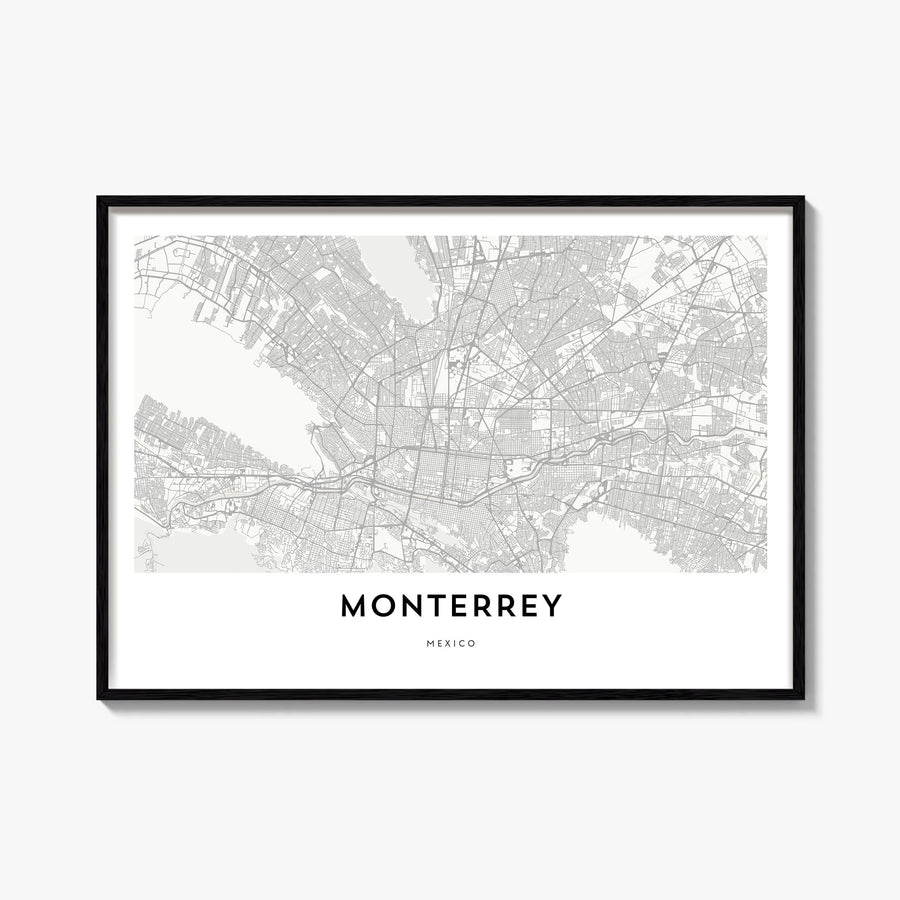 Monterrey black & white map poster of Mexico – horizontal wall art, unframed print shown in interior mockup