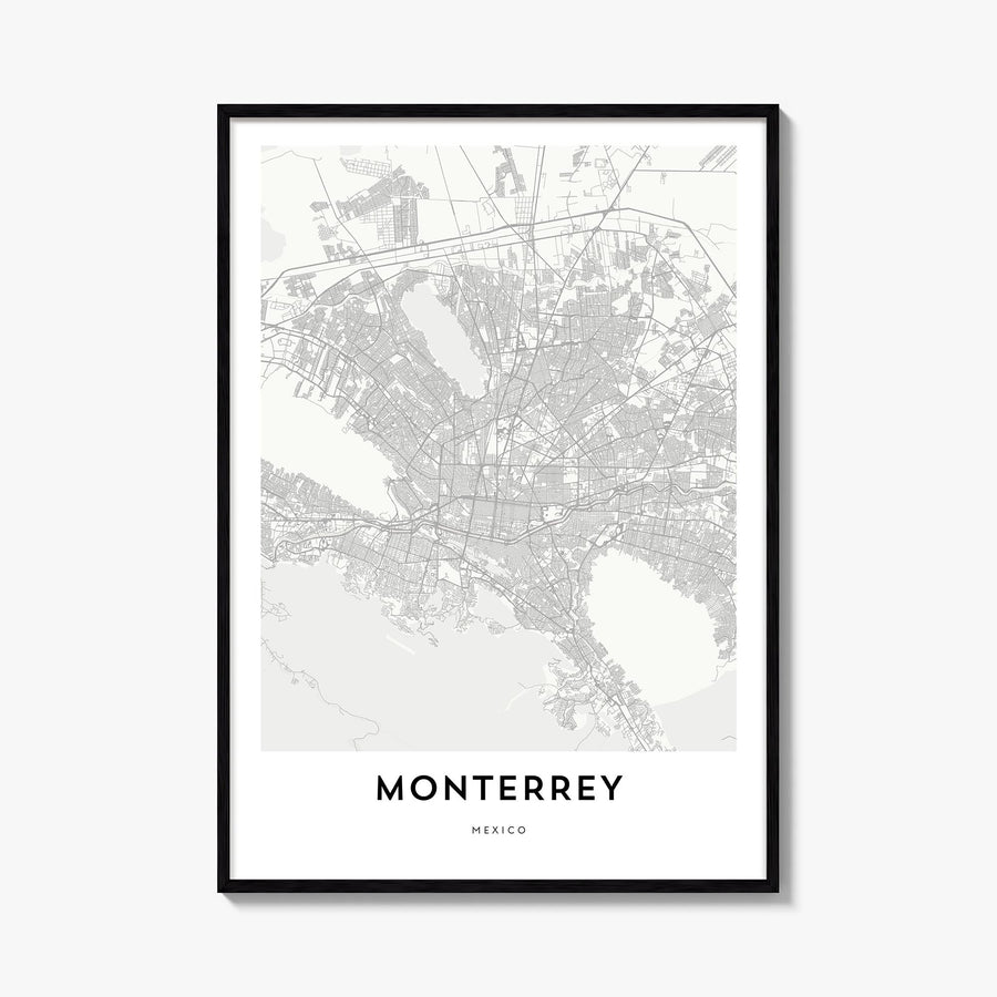 Monterrey black & white map poster of Mexico – vertical wall art, unframed print shown in interior mockup