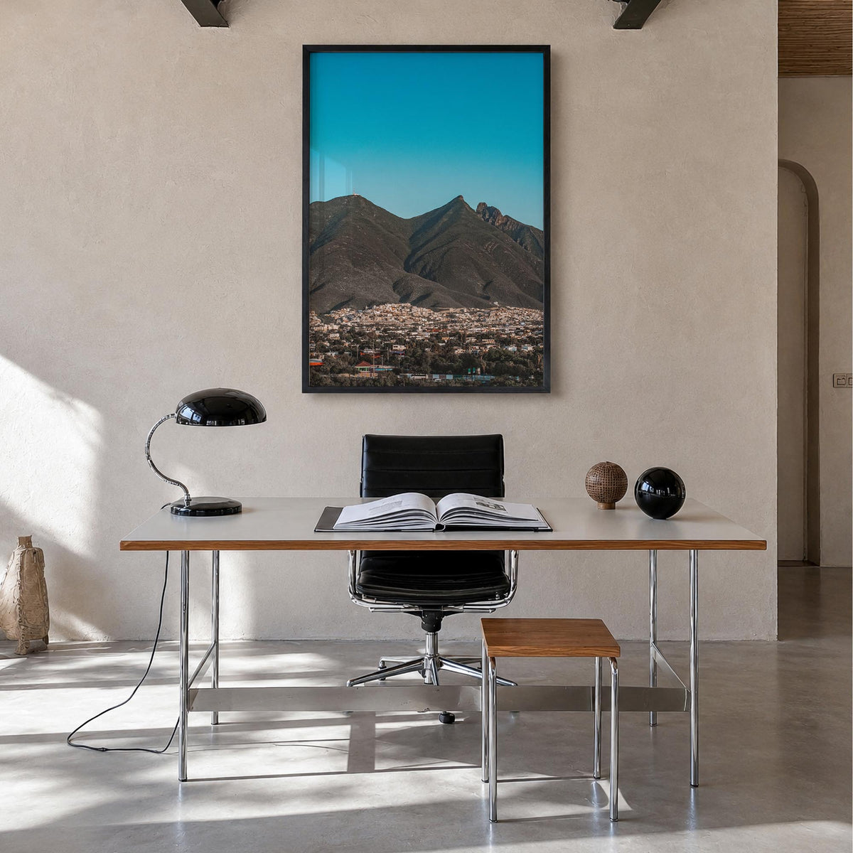 Monterrey colorful photo poster of Mexico – vertical wall art in black wood frame, hanging on wall