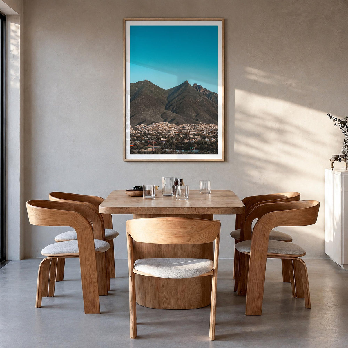 Monterrey colorful photo poster of Mexico – vertical wall art in natural wood frame with white border, hanging on wall