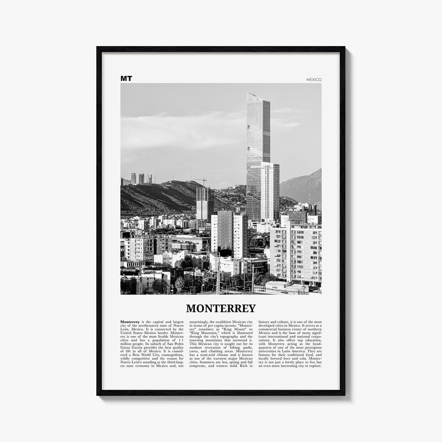 Monterrey no. 1 black & white newspaper poster of Mexico – vertical wall art, unframed print shown in interior mockup