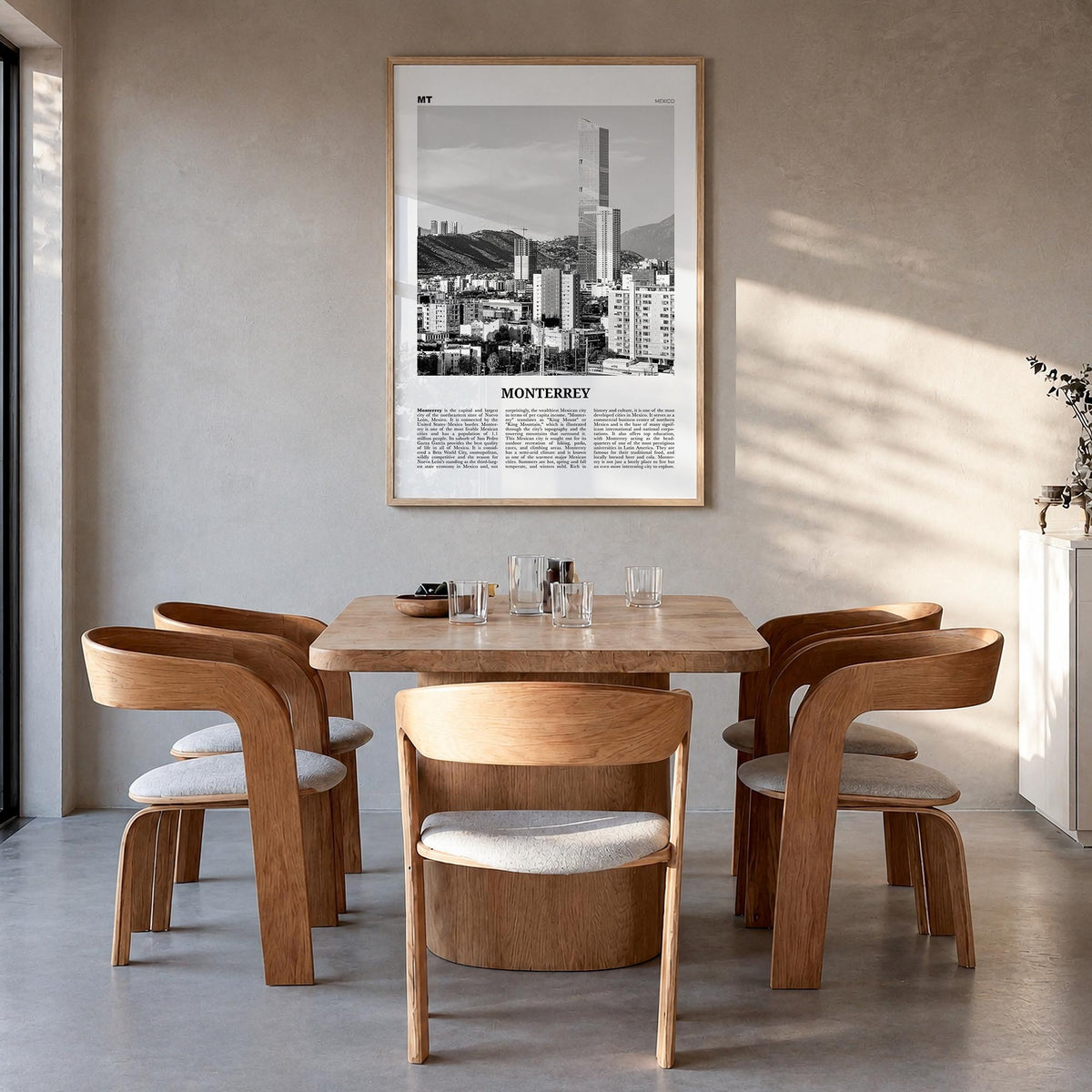 Monterrey no. 1 black & white newspaper poster of Mexico – vertical wall art in natural wood frame, hanging on wall