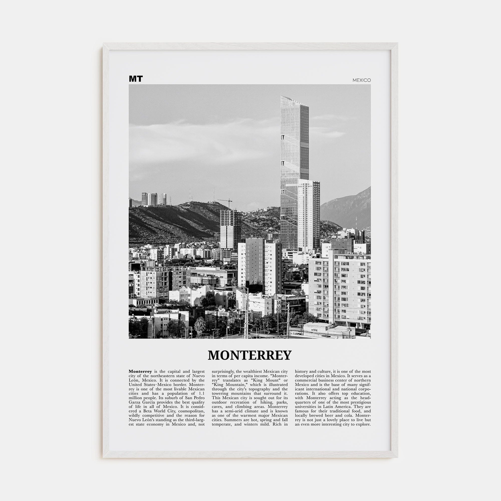 Monterrey No 1 Poster White Wood / 8x12 in Nbourhood Travel B&W Poster