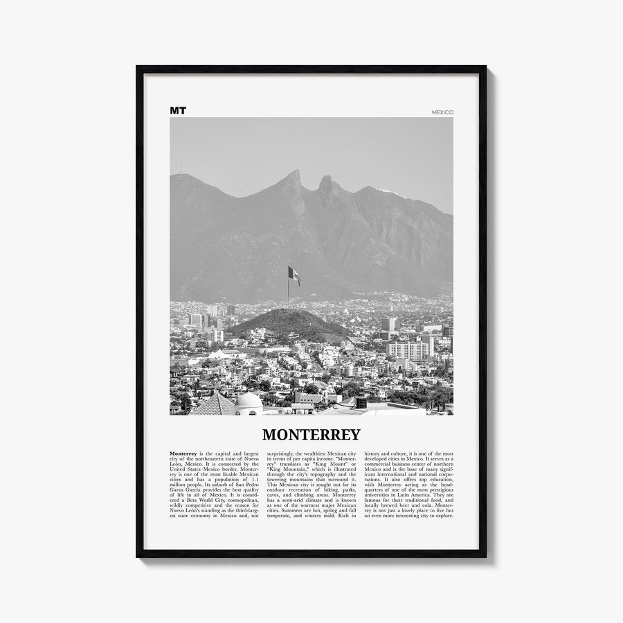 Monterrey no. 2 black & white newspaper poster of Mexico – vertical wall art, unframed print shown in interior mockup