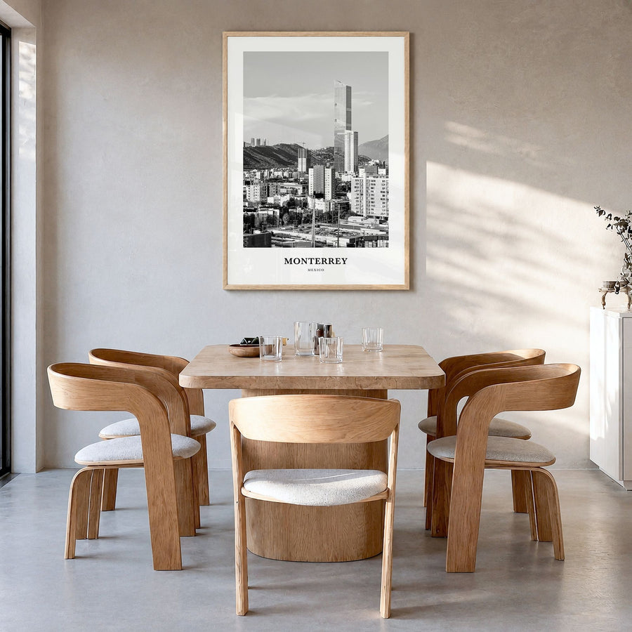 Monterrey Classic Poster in a natural wood frame, hanging in a dining room