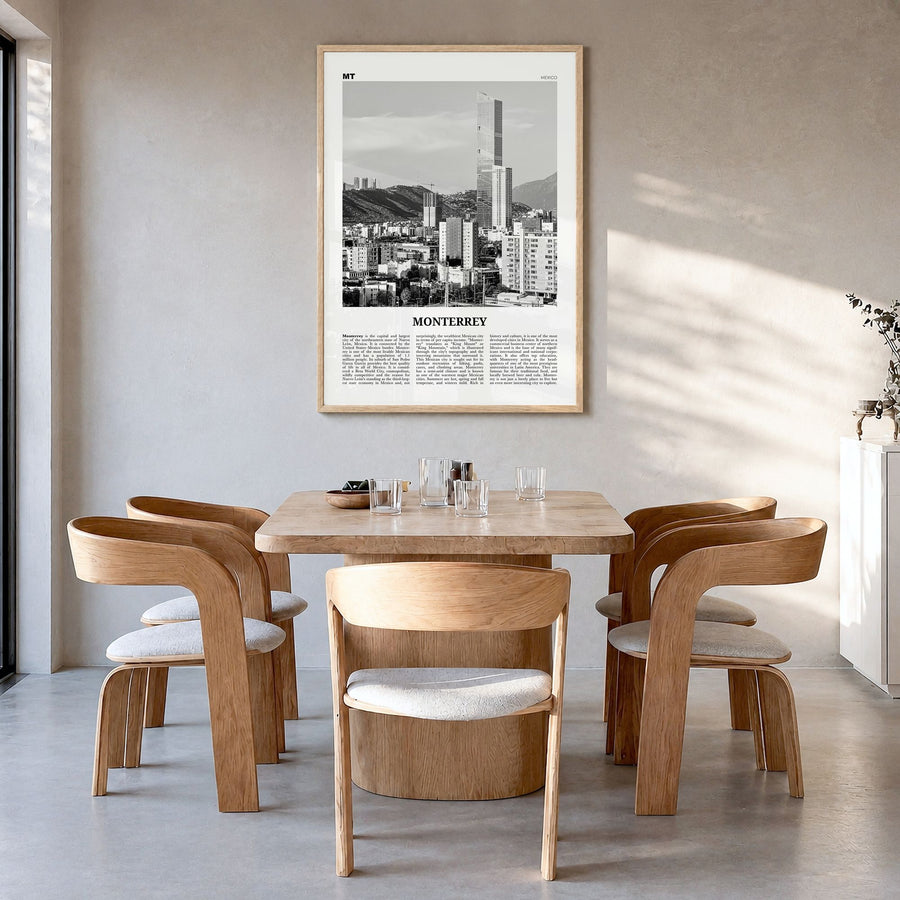 Monterrey Newspaper No 1 Poster in a natural wood frame, hanging in a dining room