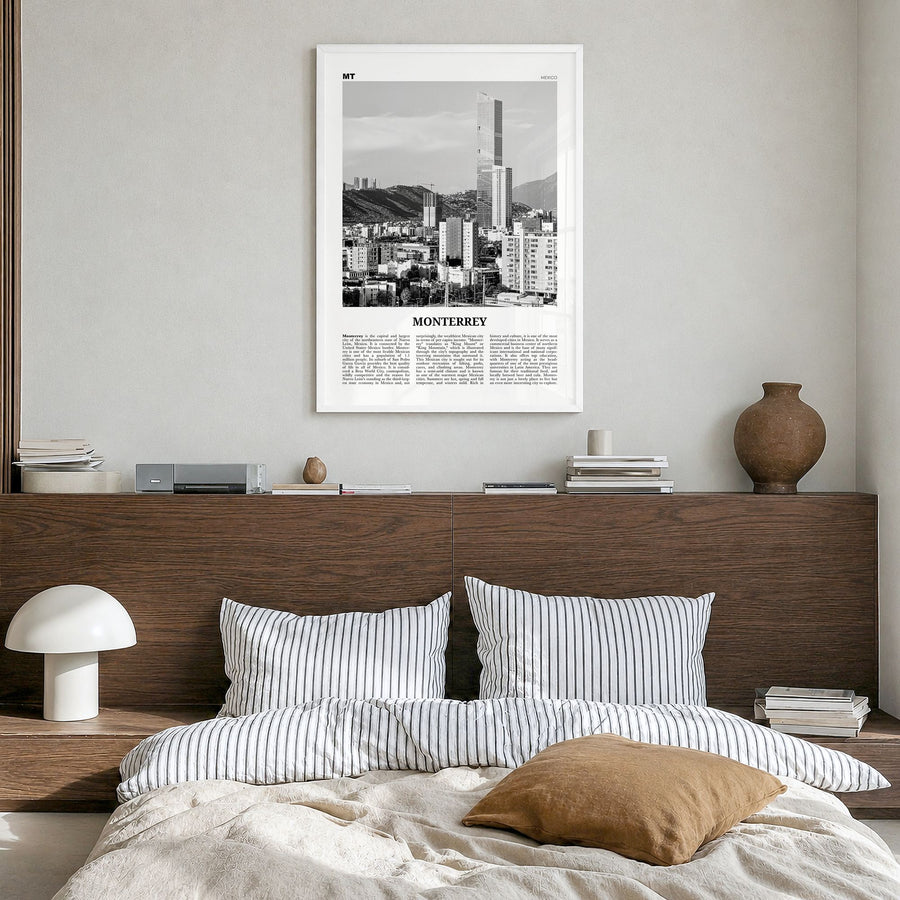 Monterrey Newspaper No 1 Poster in a white wood frame, hanging in a bedroom