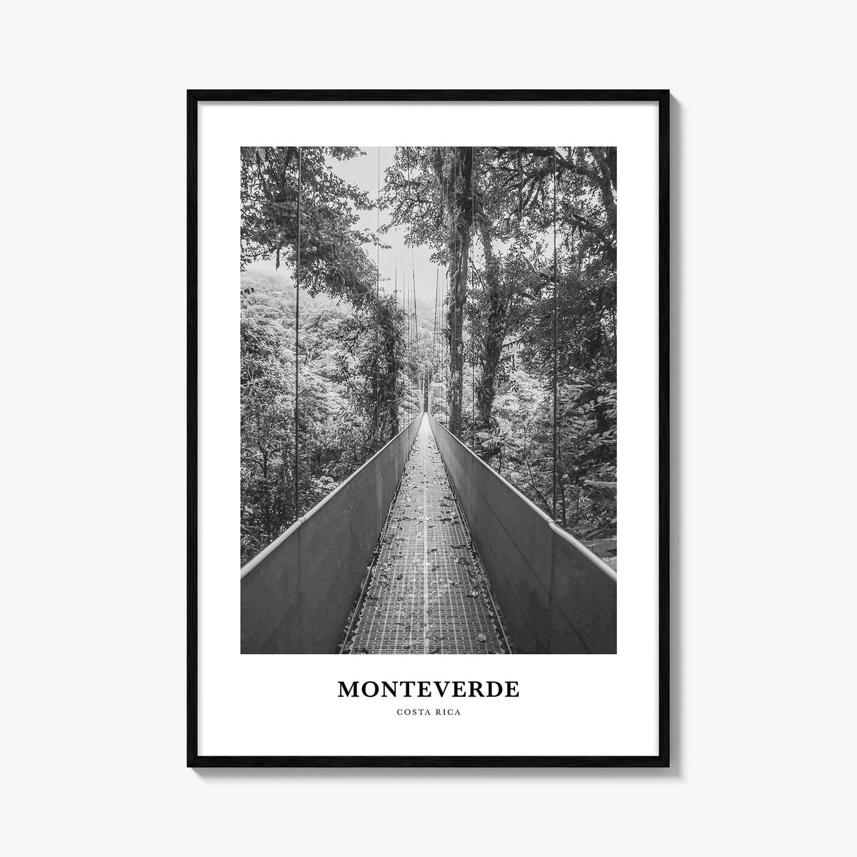 Monteverde black & white classic poster of Costa Rica – vertical wall art, unframed print shown in interior mockup