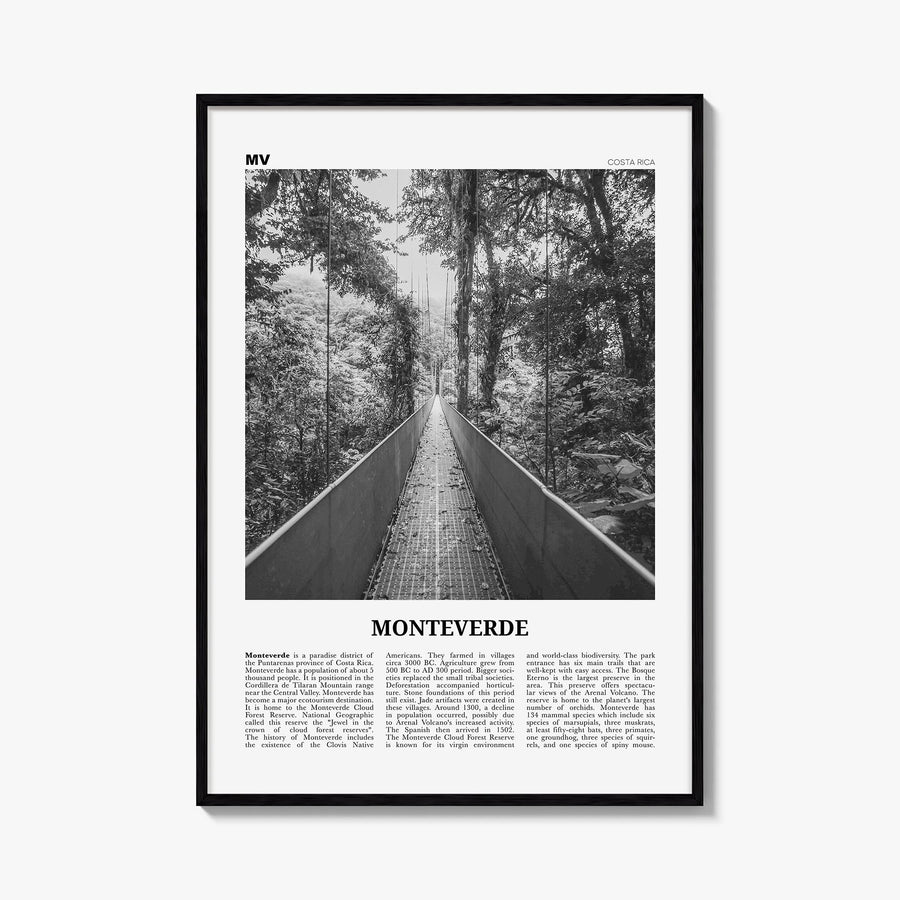 Monteverde black & white newspaper poster of Costa Rica – vertical wall art, unframed print shown in interior mockup