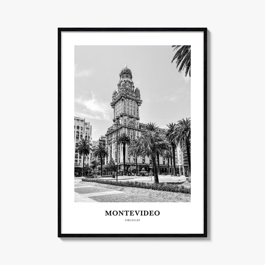 Montevideo black & white classic poster of Uruguay – vertical wall art, unframed print shown in interior mockup