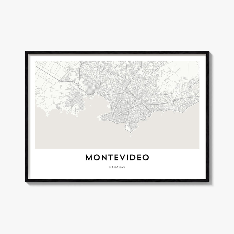 Montevideo black & white map poster of Uruguay – horizontal wall art, unframed print shown in interior mockup