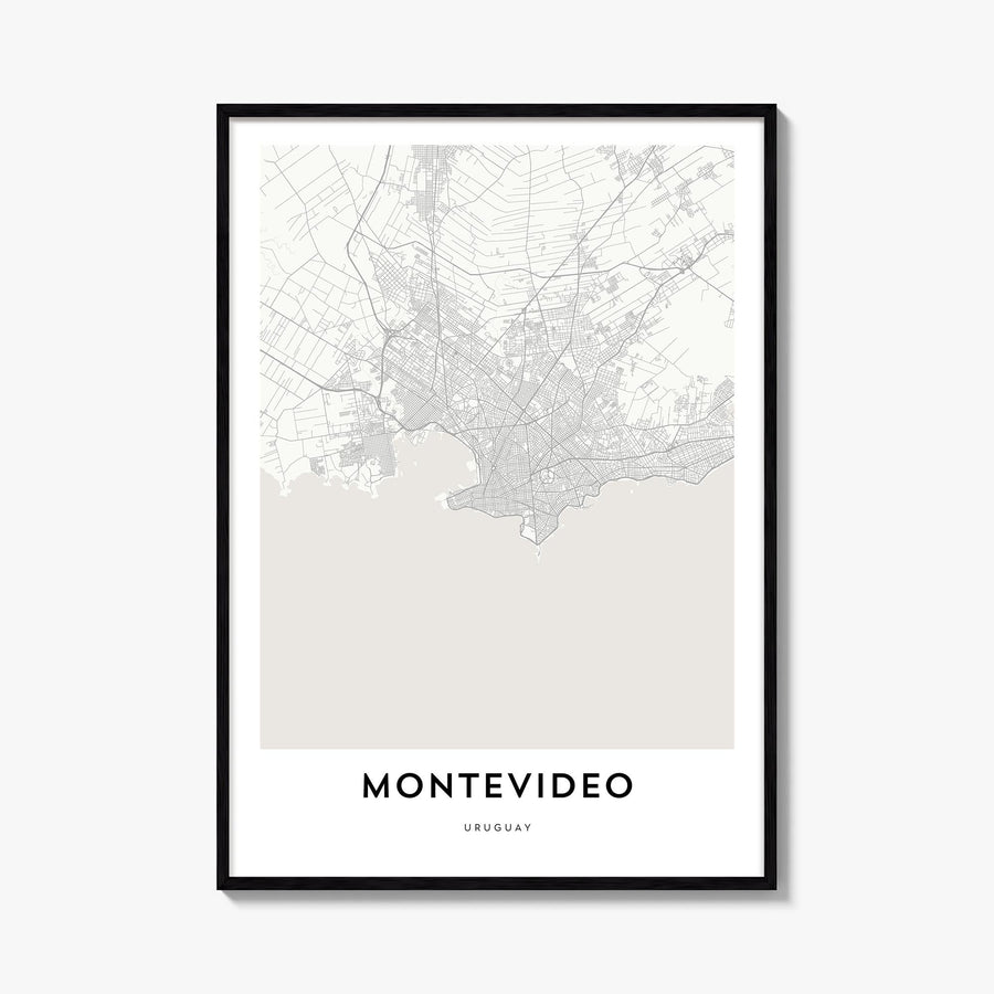 Montevideo black & white map poster of Uruguay – vertical wall art, unframed print shown in interior mockup
