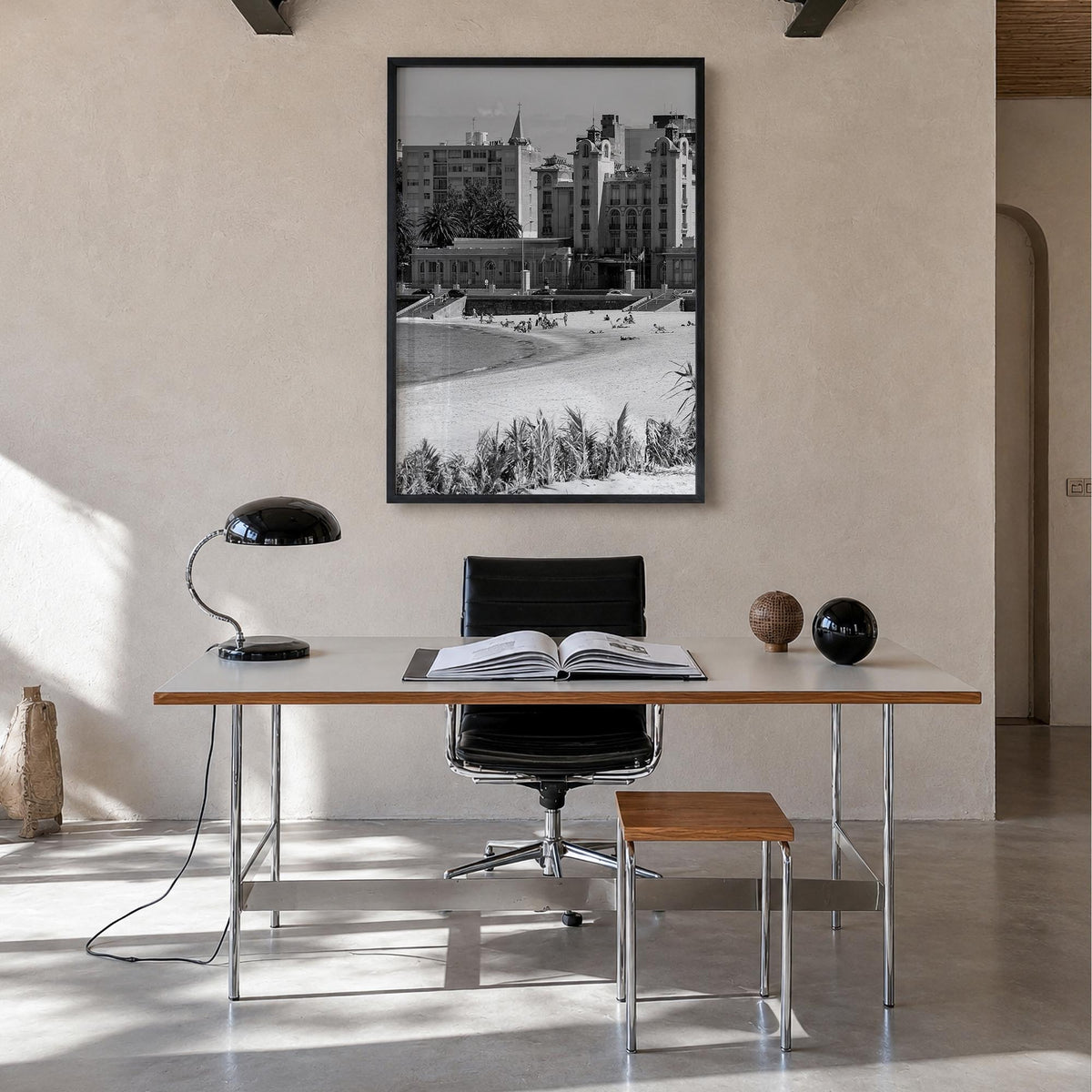 Montevideo black & white photo poster of Uruguay – vertical wall art in black wood frame, hanging on wall