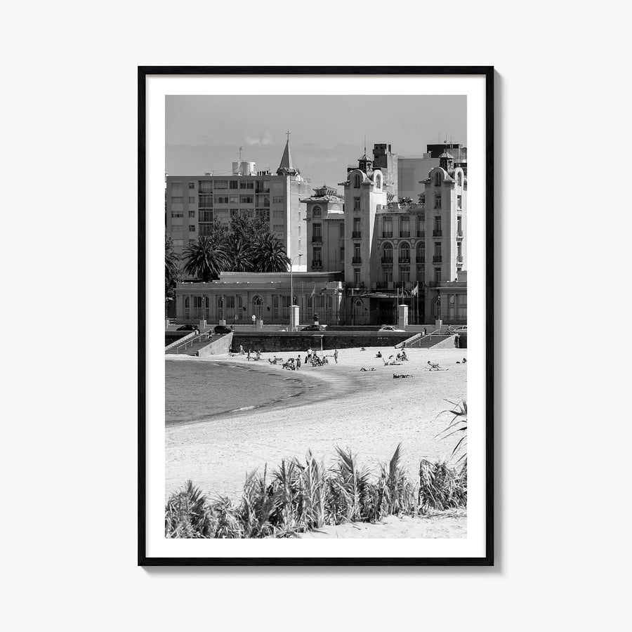 Montevideo black & white photo poster of Uruguay – vertical wall art, unframed print shown in interior mockup