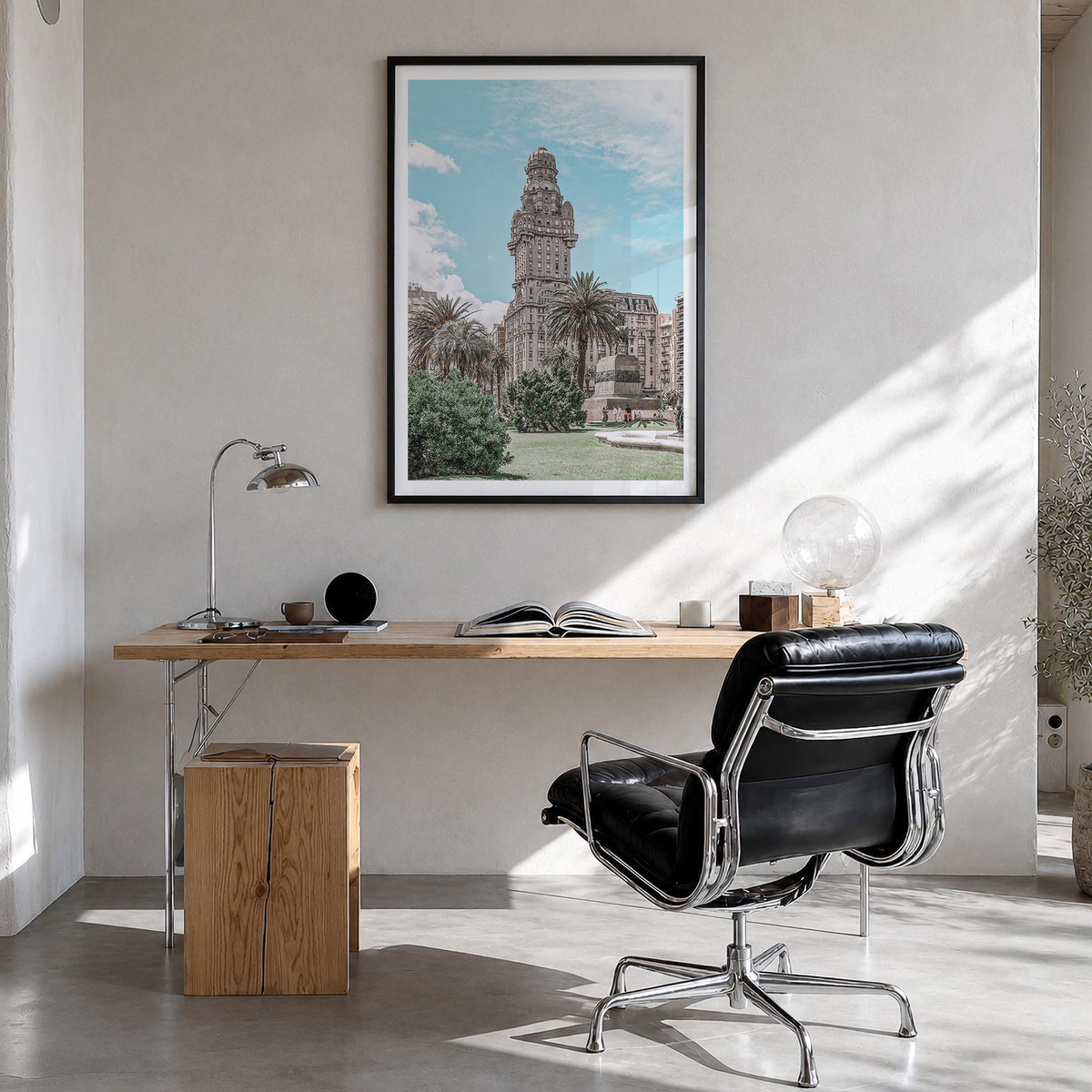 Montevideo colorful photo poster of Uruguay – vertical wall art in black wood frame with white border, hanging on wall