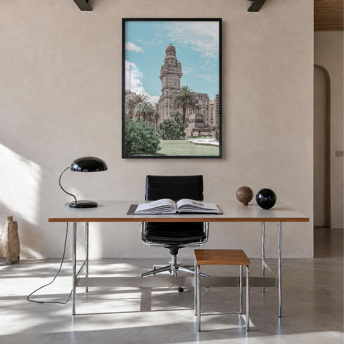 Montevideo colorful photo poster of Uruguay – vertical wall art in black wood frame, hanging on wall