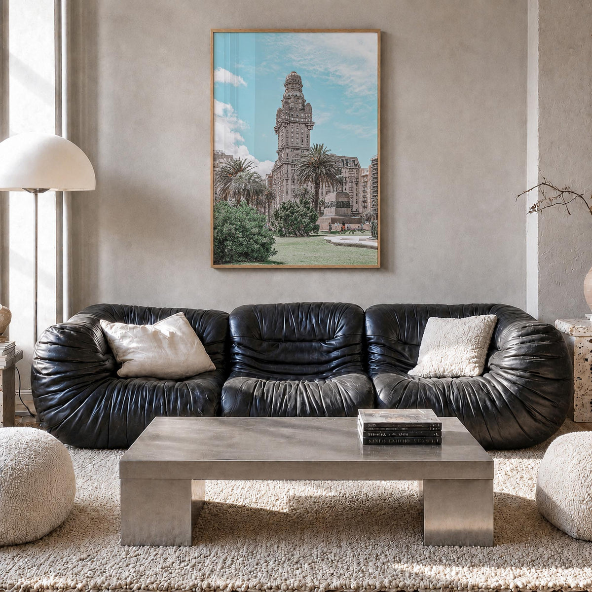 Montevideo colorful photo poster of Uruguay – vertical wall art in natural wood frame, hanging on wall
