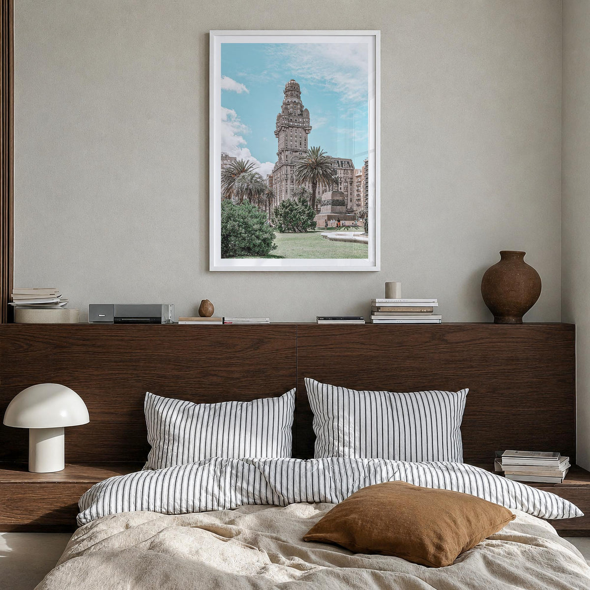 Montevideo colorful photo poster of Uruguay – vertical wall art in white wood frame with white border, hanging on wall