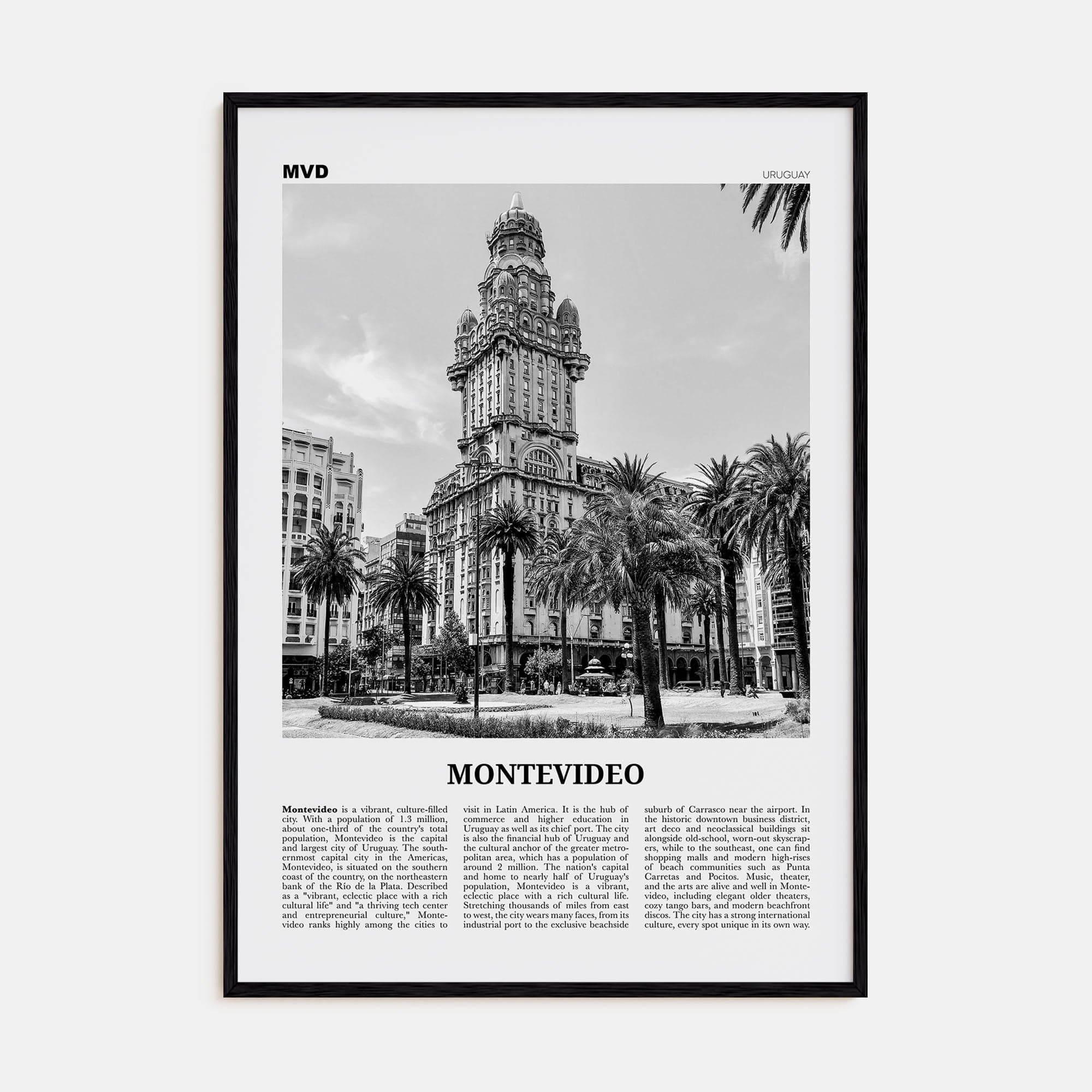 Montevideo Poster Black Wood / 8x12 in Nbourhood Travel B&W Poster