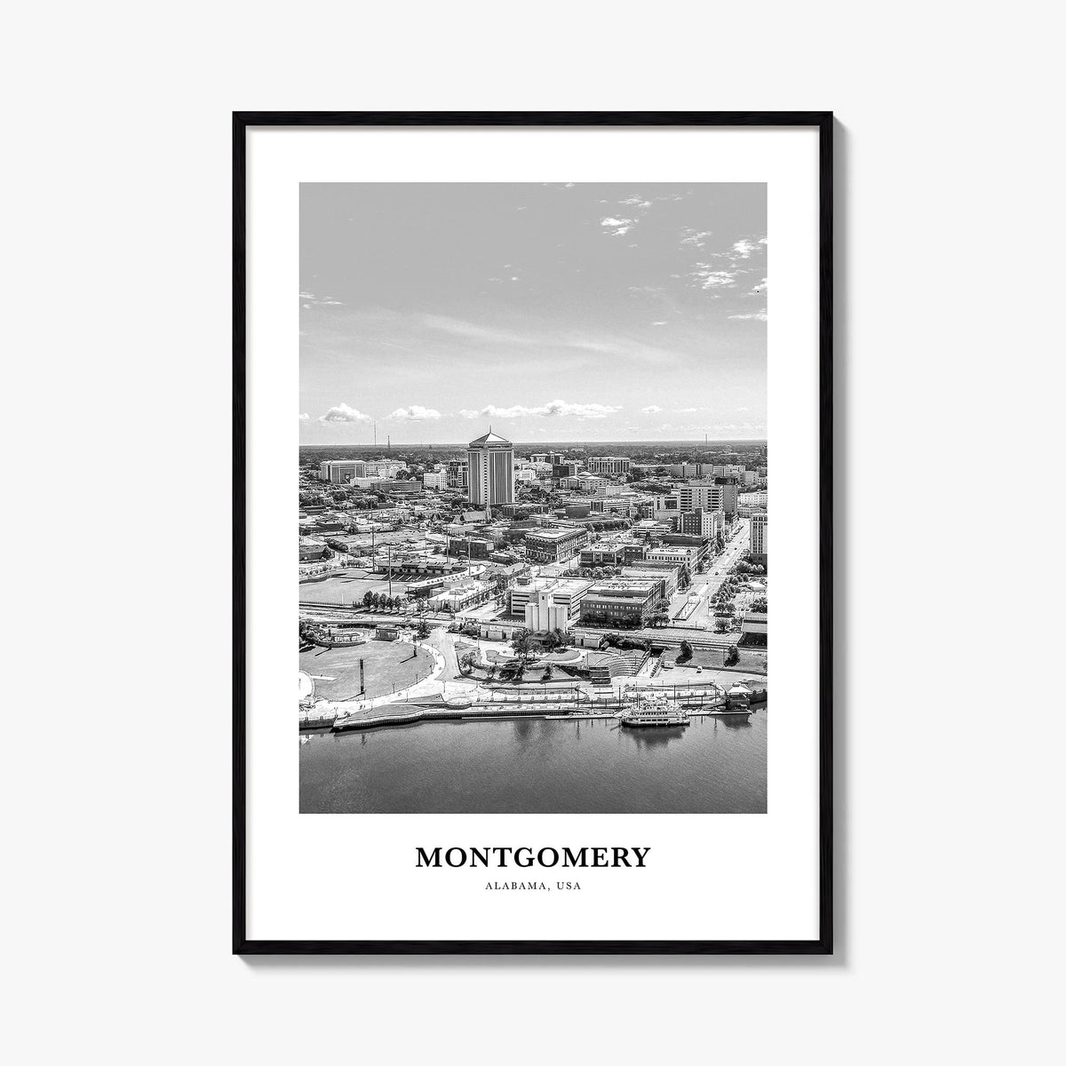 Montgomery black & white classic poster of Alabama, USA – vertical wall art, unframed print shown in interior mockup