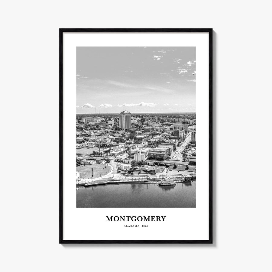 Montgomery black & white classic poster of Alabama, USA – vertical wall art, unframed print shown in interior mockup