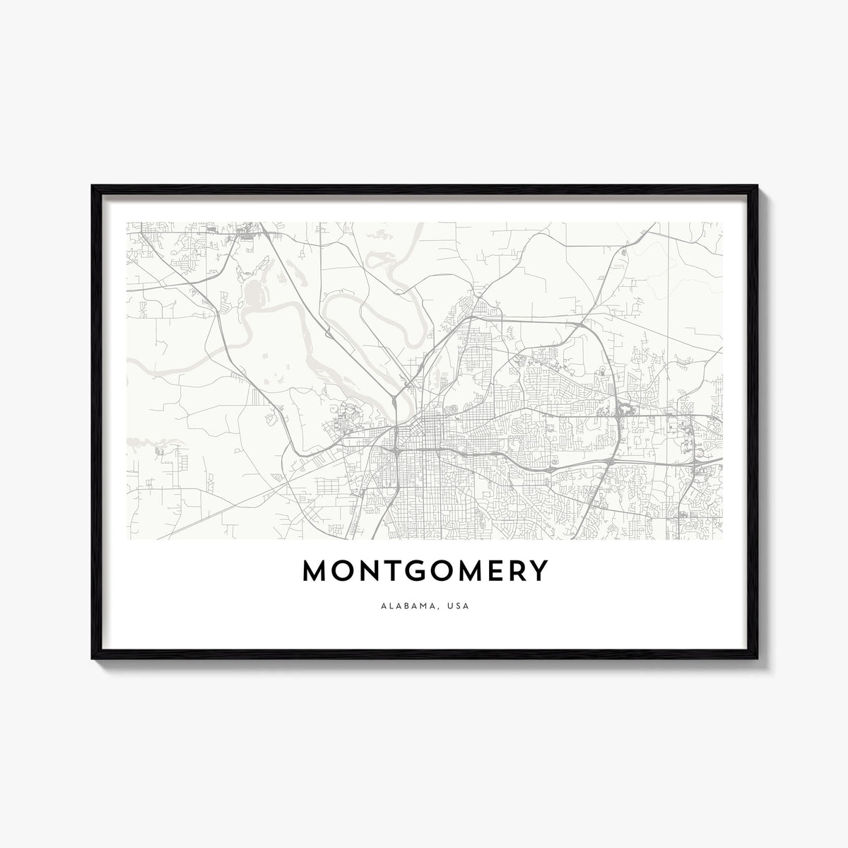 Montgomery black & white map poster of Alabama, USA – horizontal wall art, unframed print shown in interior mockup