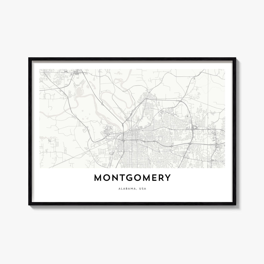 Montgomery black & white map poster of Alabama, USA – horizontal wall art, unframed print shown in interior mockup