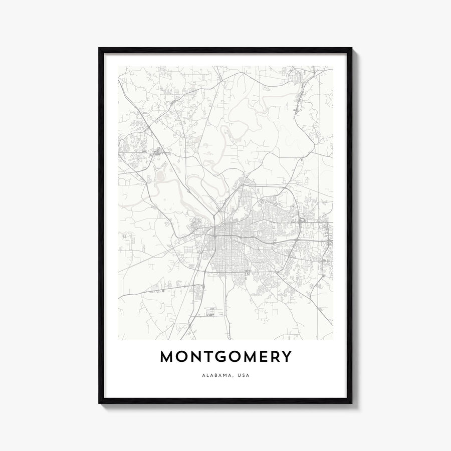 Montgomery black & white map poster of Alabama, USA – vertical wall art, unframed print shown in interior mockup