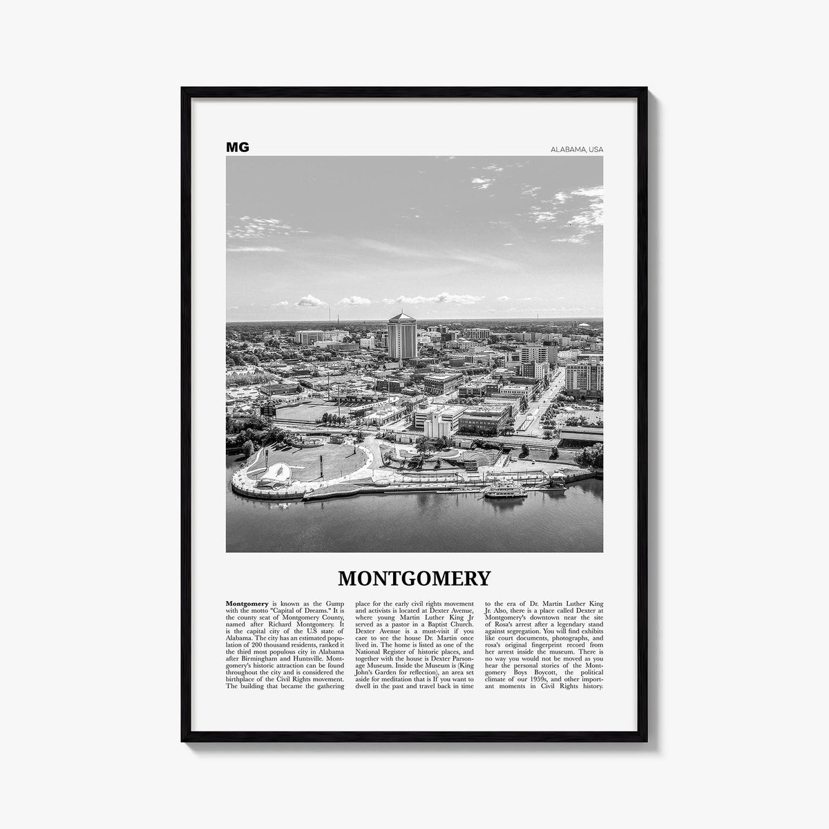 Montgomery black & white newspaper poster of Alabama, USA – vertical wall art, unframed print shown in interior mockup