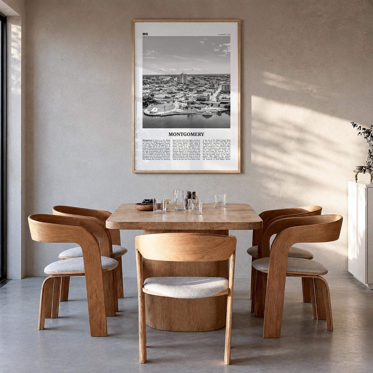 Montgomery black & white newspaper poster of Alabama, USA – vertical wall art in natural wood frame, hanging on wall