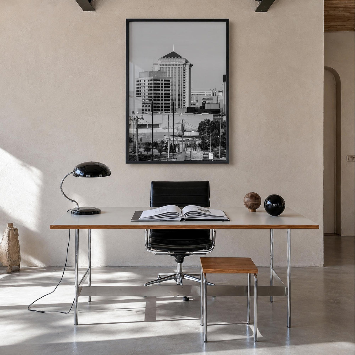 Montgomery black & white photo poster of Alabama, USA – vertical wall art in black wood frame, hanging on wall