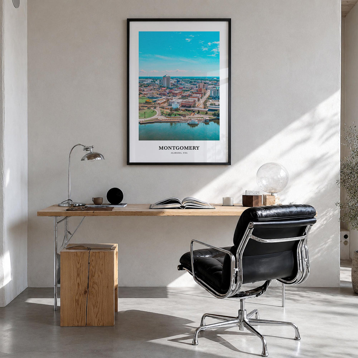 Montgomery colorful classic poster of Alabama, USA – vertical wall art in black wood frame, hanging on wall