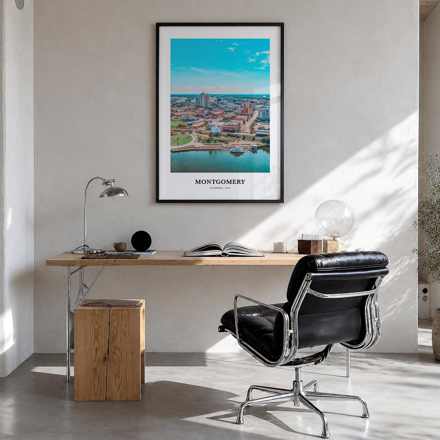 Montgomery colorful classic poster of Alabama, USA – vertical wall art in black wood frame, hanging on wall