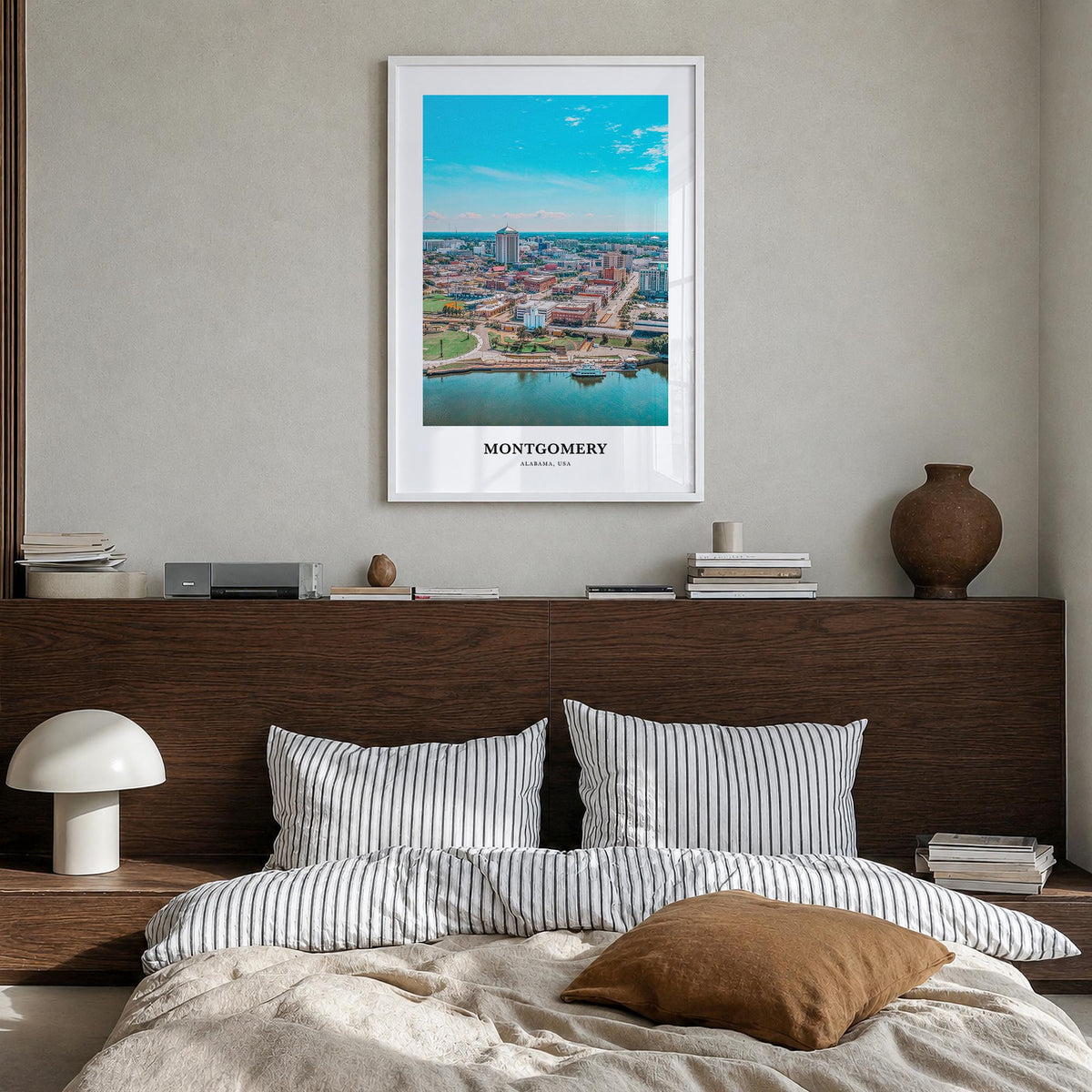 Montgomery colorful classic poster of Alabama, USA – vertical wall art in white wood frame, hanging on wall