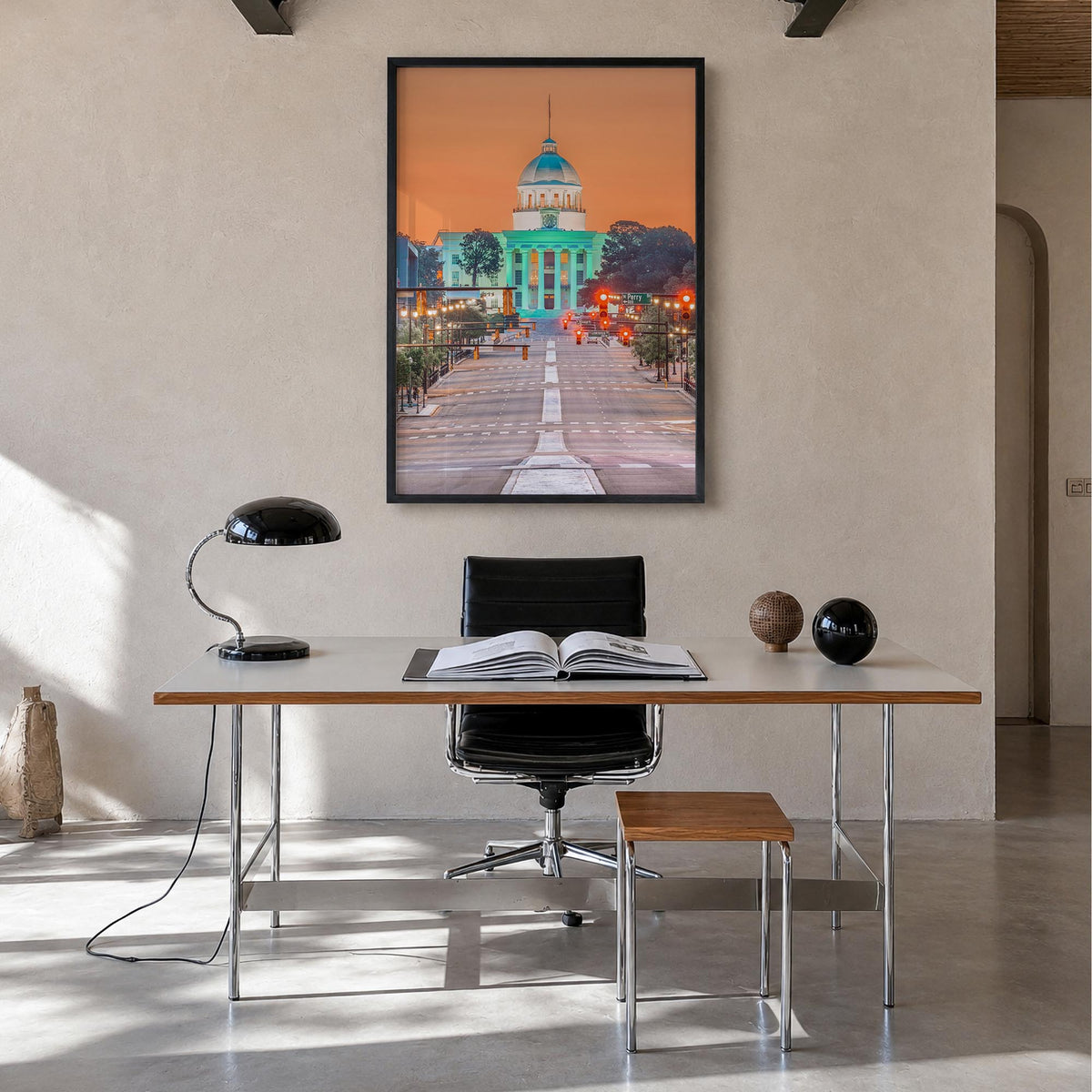 Montgomery colorful photo poster of Alabama, USA – vertical wall art in black wood frame, hanging on wall