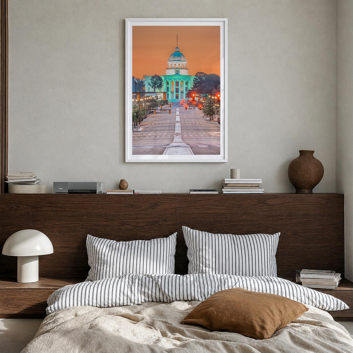 Montgomery colorful photo poster of Alabama, USA – vertical wall art in white wood frame with white border, hanging on wall