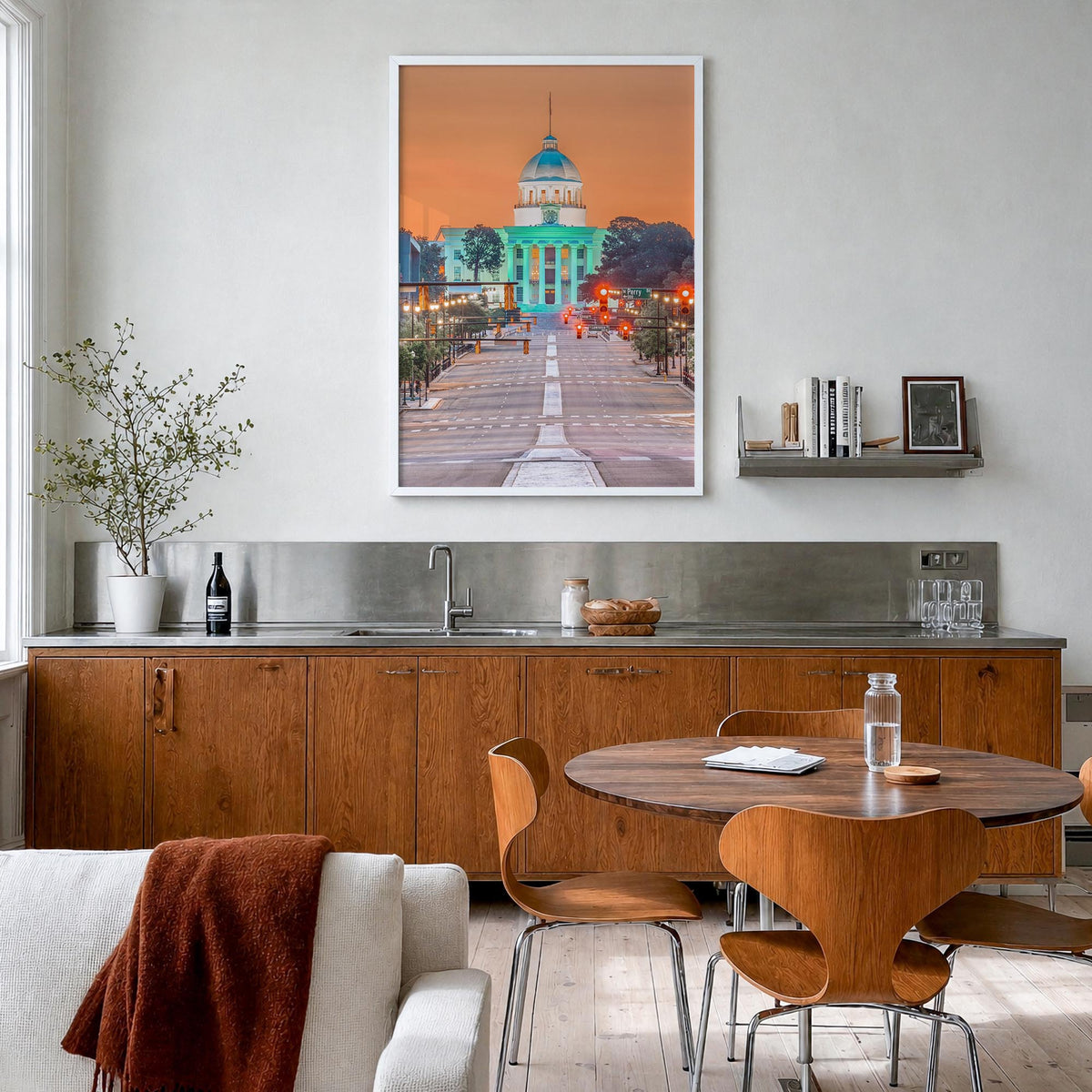Montgomery colorful photo poster of Alabama, USA – vertical wall art in white wood frame, hanging on wall
