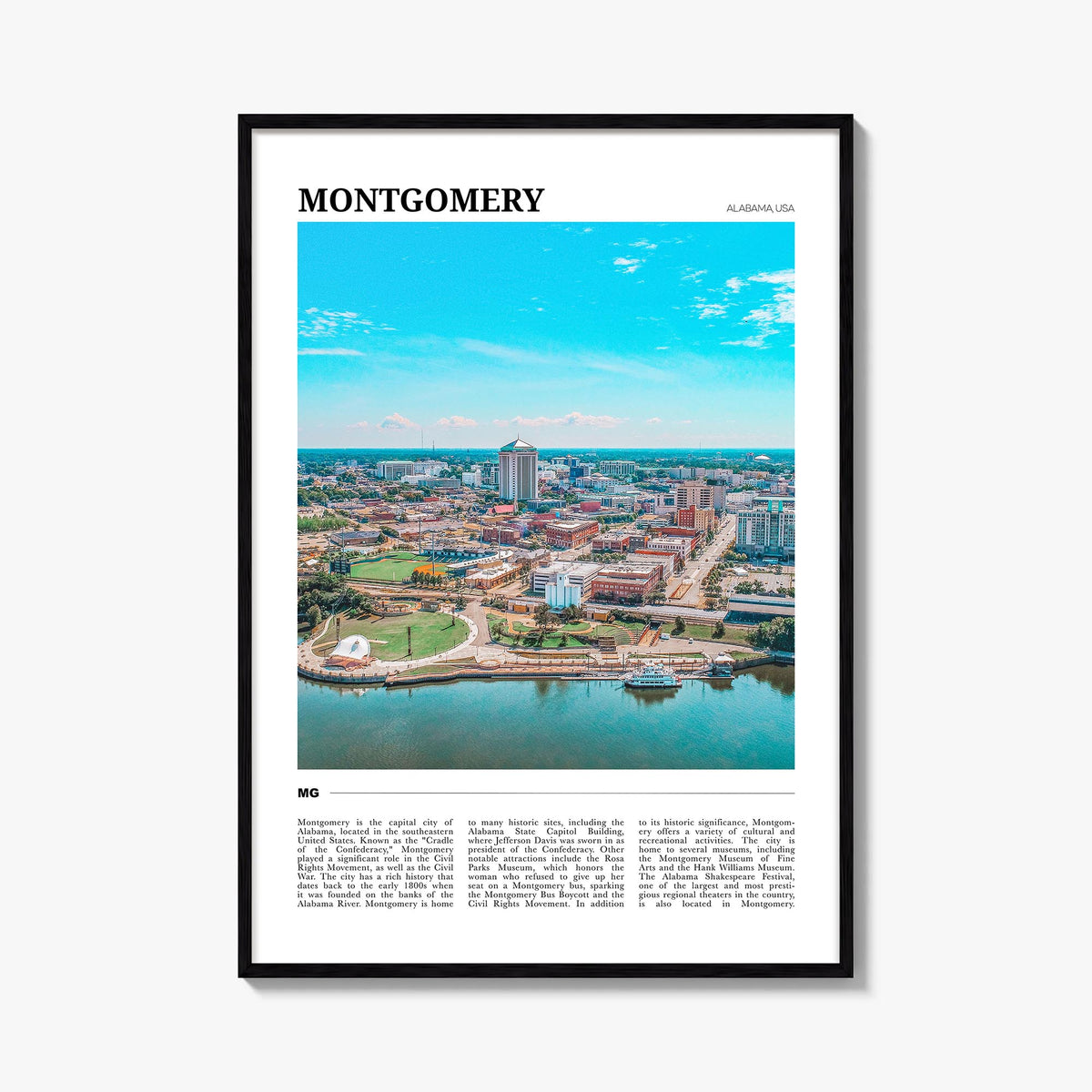 Montgomery colorful travel poster of Alabama, USA – vertical wall art, unframed print shown in interior mockup