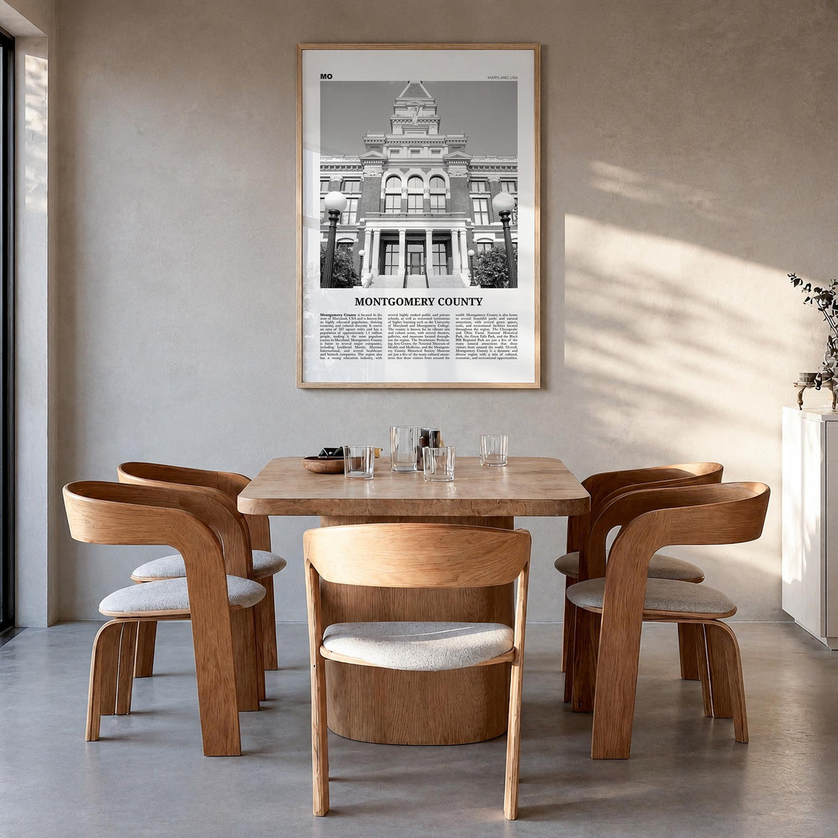 Montgomery County black & white newspaper poster of Maryland, USA – vertical wall art in natural wood frame, hanging on wall