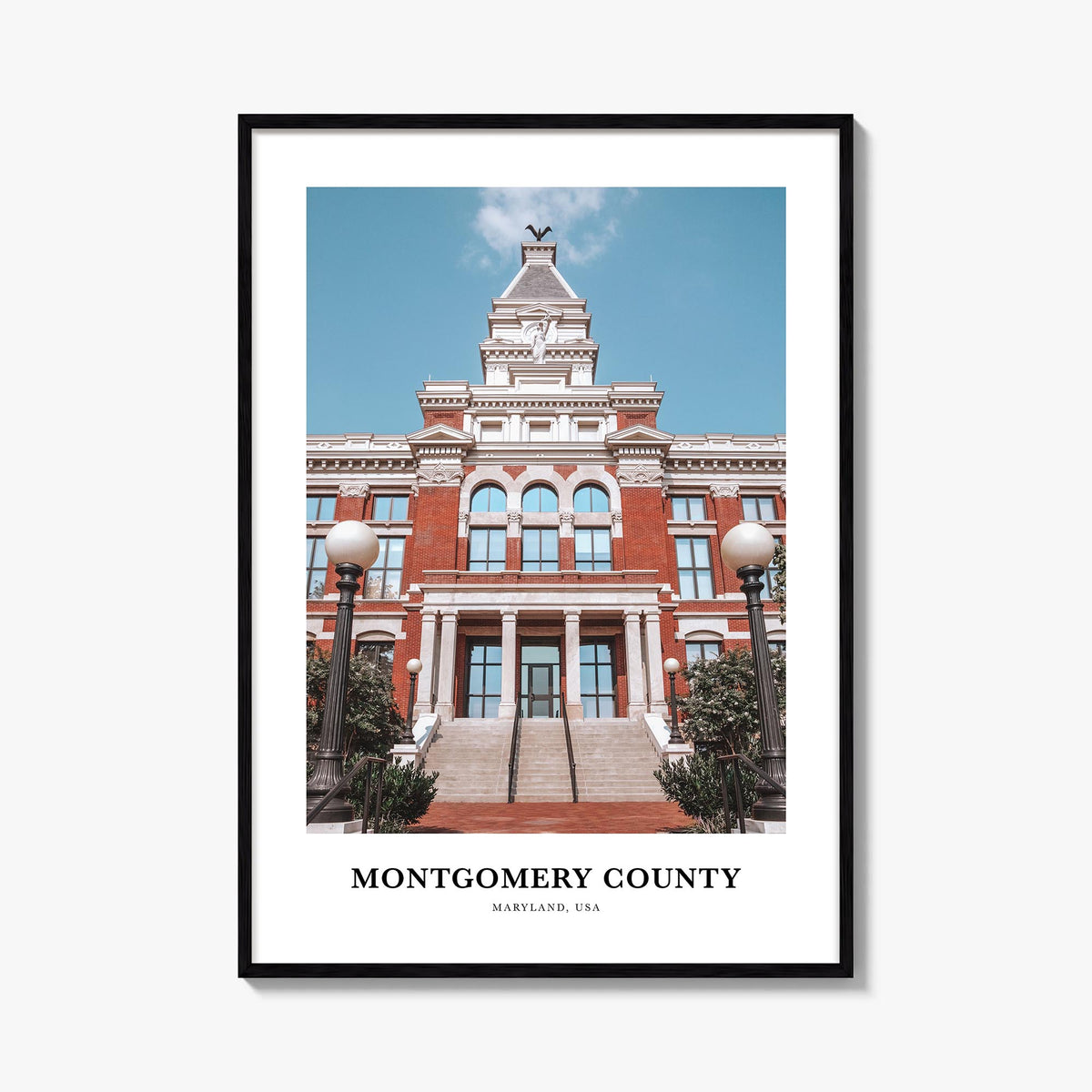 Montgomery County colorful classic poster of Maryland, USA – vertical wall art, unframed print shown in interior mockup