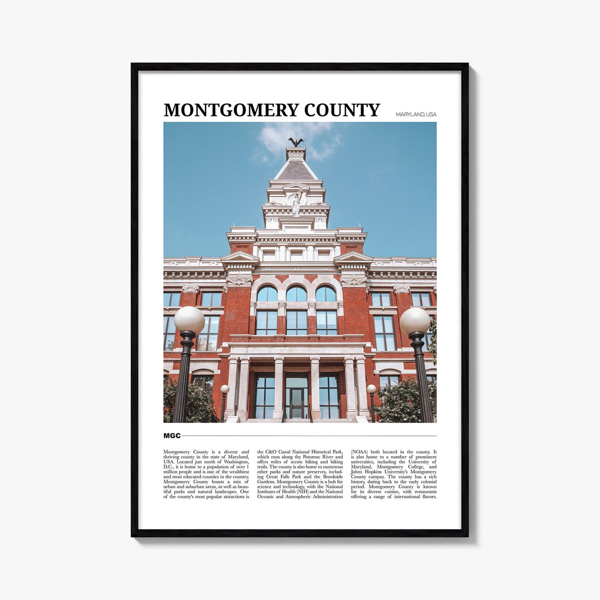 Montgomery County colorful travel poster of Maryland, USA – vertical wall art, unframed print shown in interior mockup