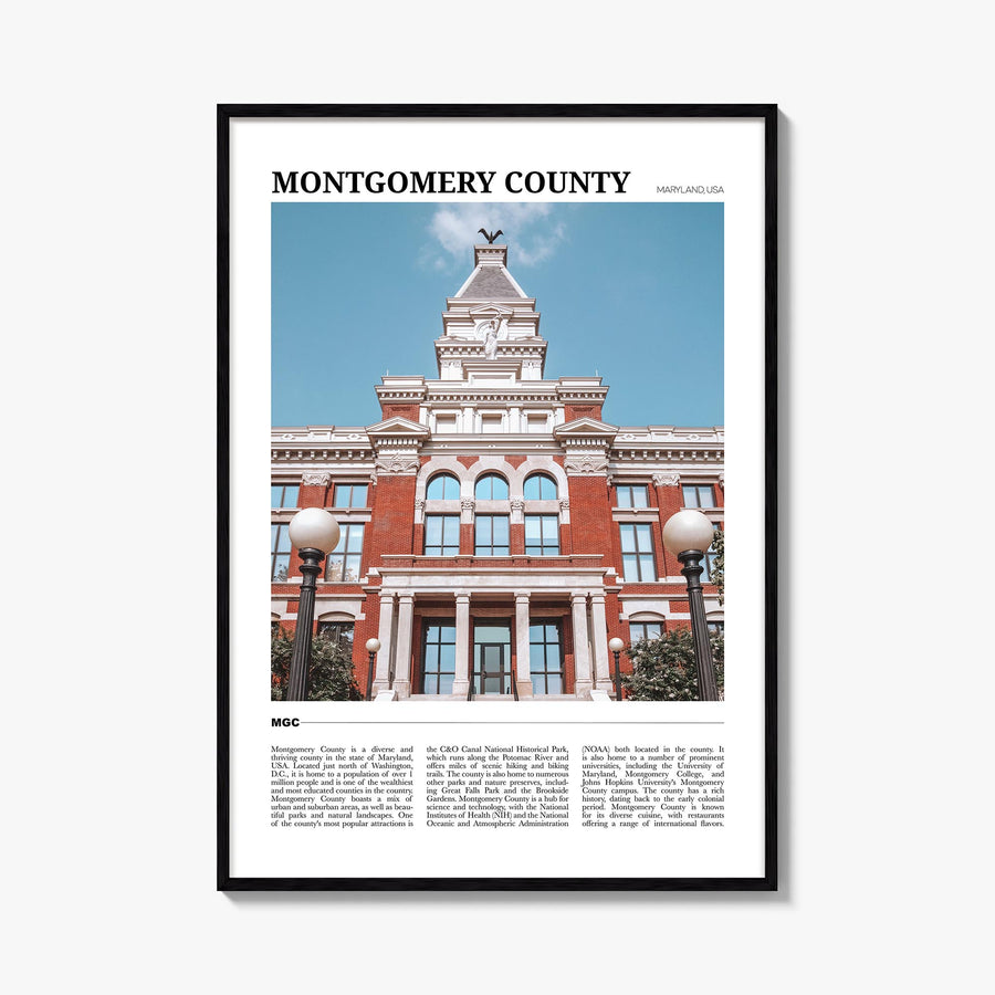 Montgomery County colorful travel poster of Maryland, USA – vertical wall art, unframed print shown in interior mockup