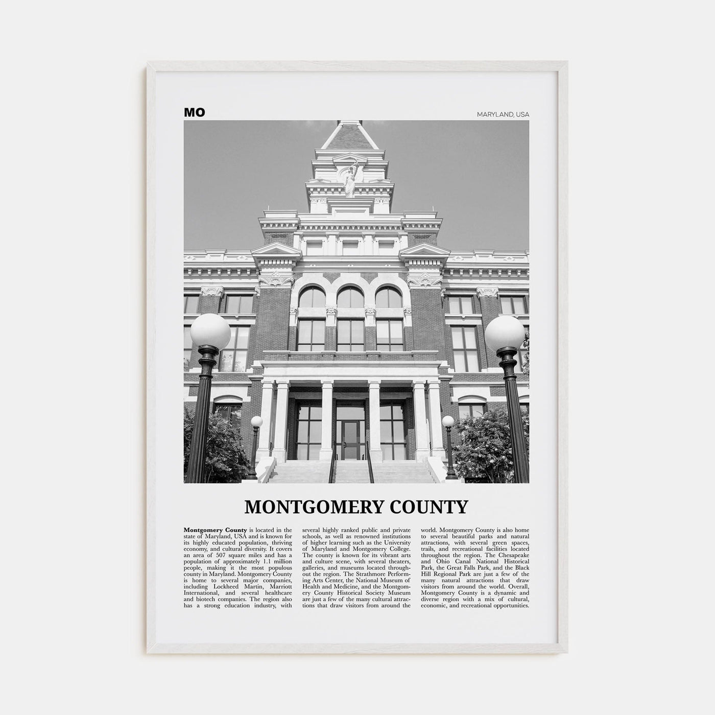 Montgomery County Poster White Wood / 8x12 in Nbourhood Travel B&W Poster