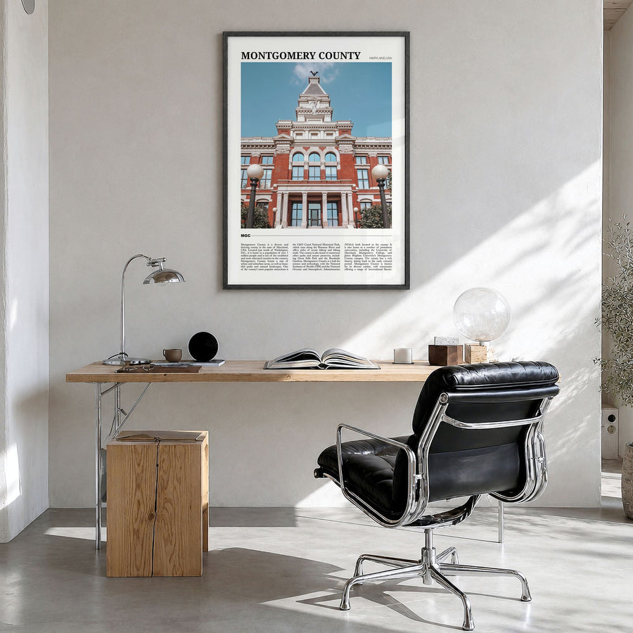 Montgomery County, Maryland Travel Poster in a black wood frame, hanging in a bright home office