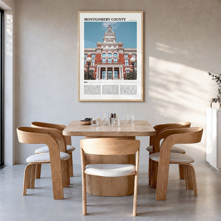 Montgomery County, Maryland Travel Poster in a natural wood frame, hanging in a dining room