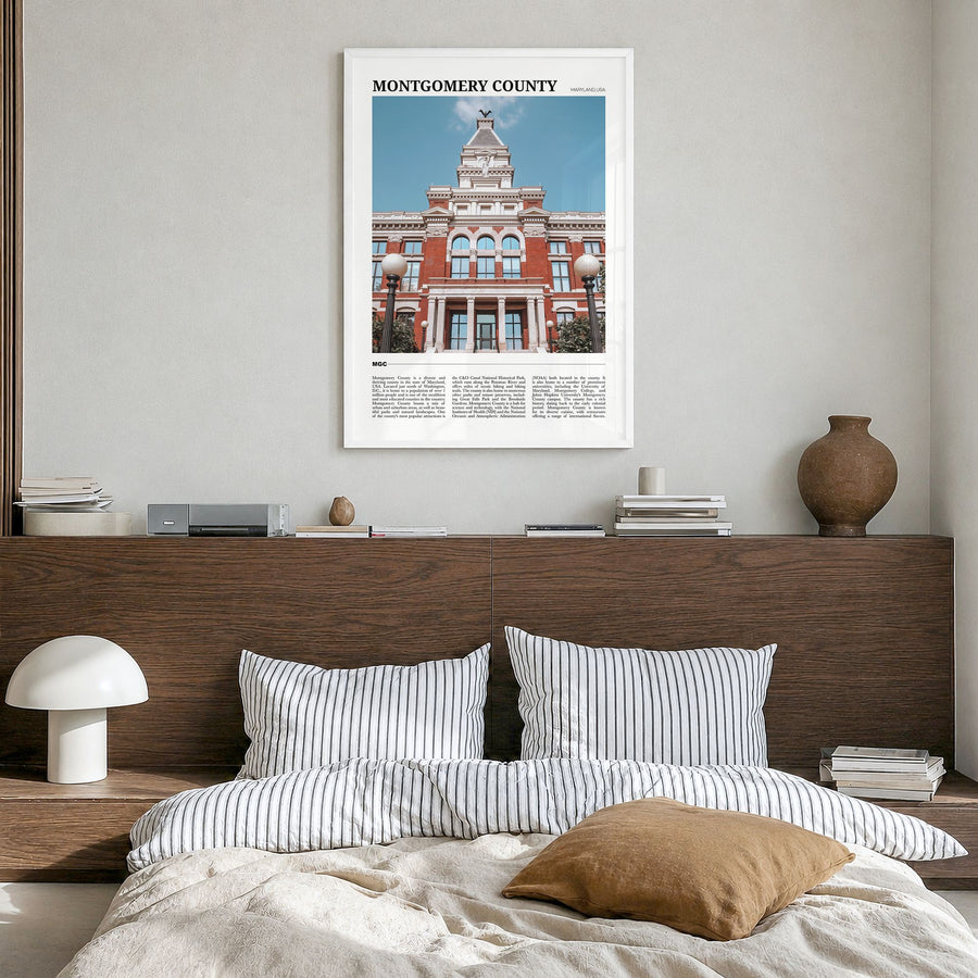Montgomery County, Maryland Travel Poster in a white wood frame, hanging in a bedroom