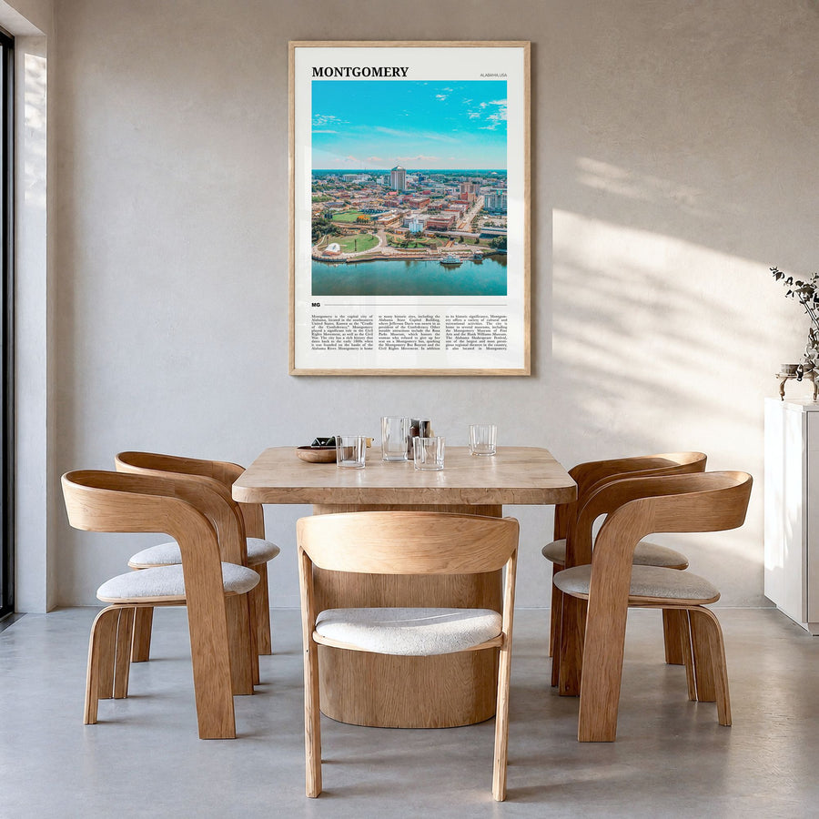 Montgomery Travel Poster in a natural wood frame, hanging in a dining room